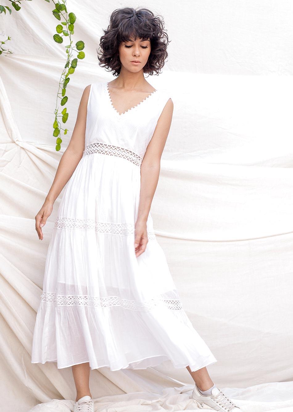 White Gathered Lace Dress