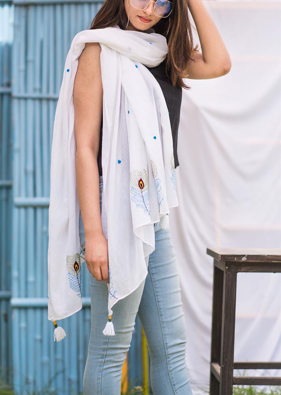 White  Feather Hand Embroidered Dupatta