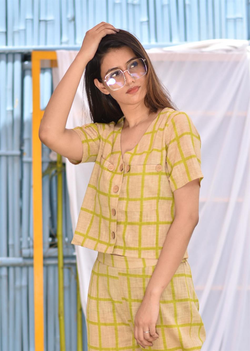 Green Checks Crop Shirt