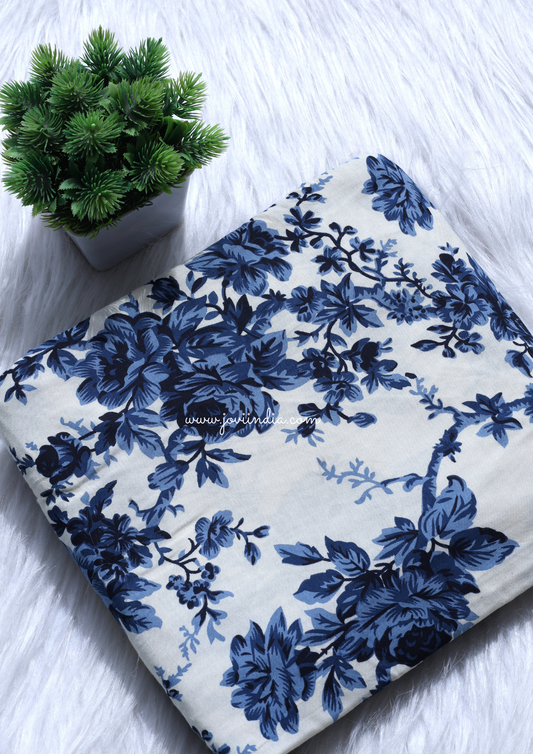 White Blue Floral Printed Fabric