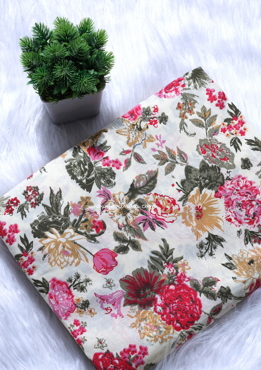 White Printed Flower Printed Fabric