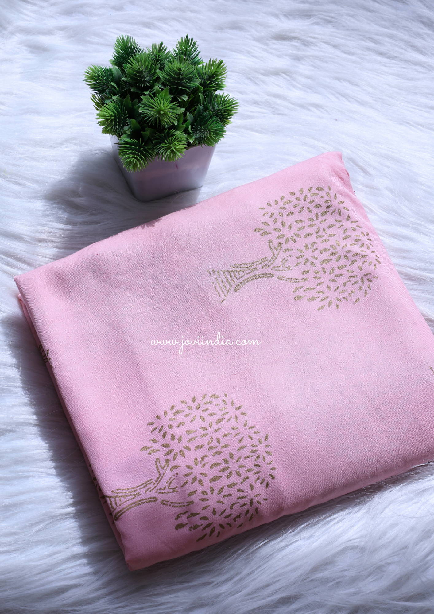 Pink Gold Block Printed Rayon Fabric