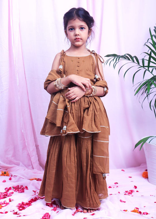 JOVI India Kids Wear - Brown Strappy Sharara Suit Set