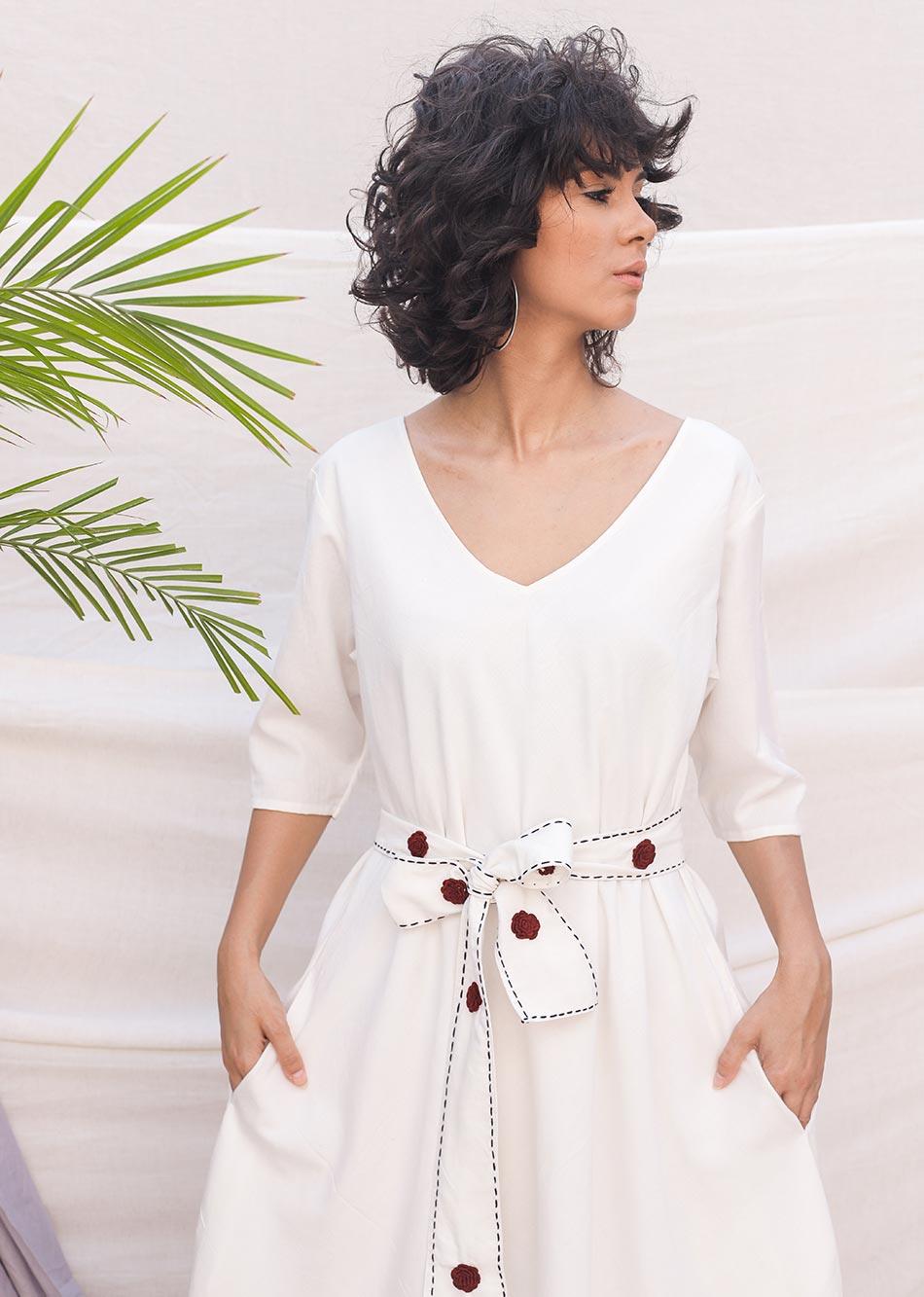 Flax Rayon and Cotton White Loose Dress with Printed Belts for Women - JOVI India