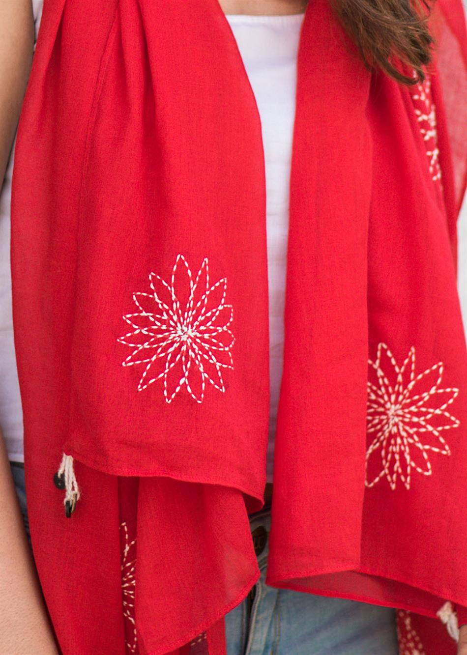 Red Flower Embroidered Dupatta