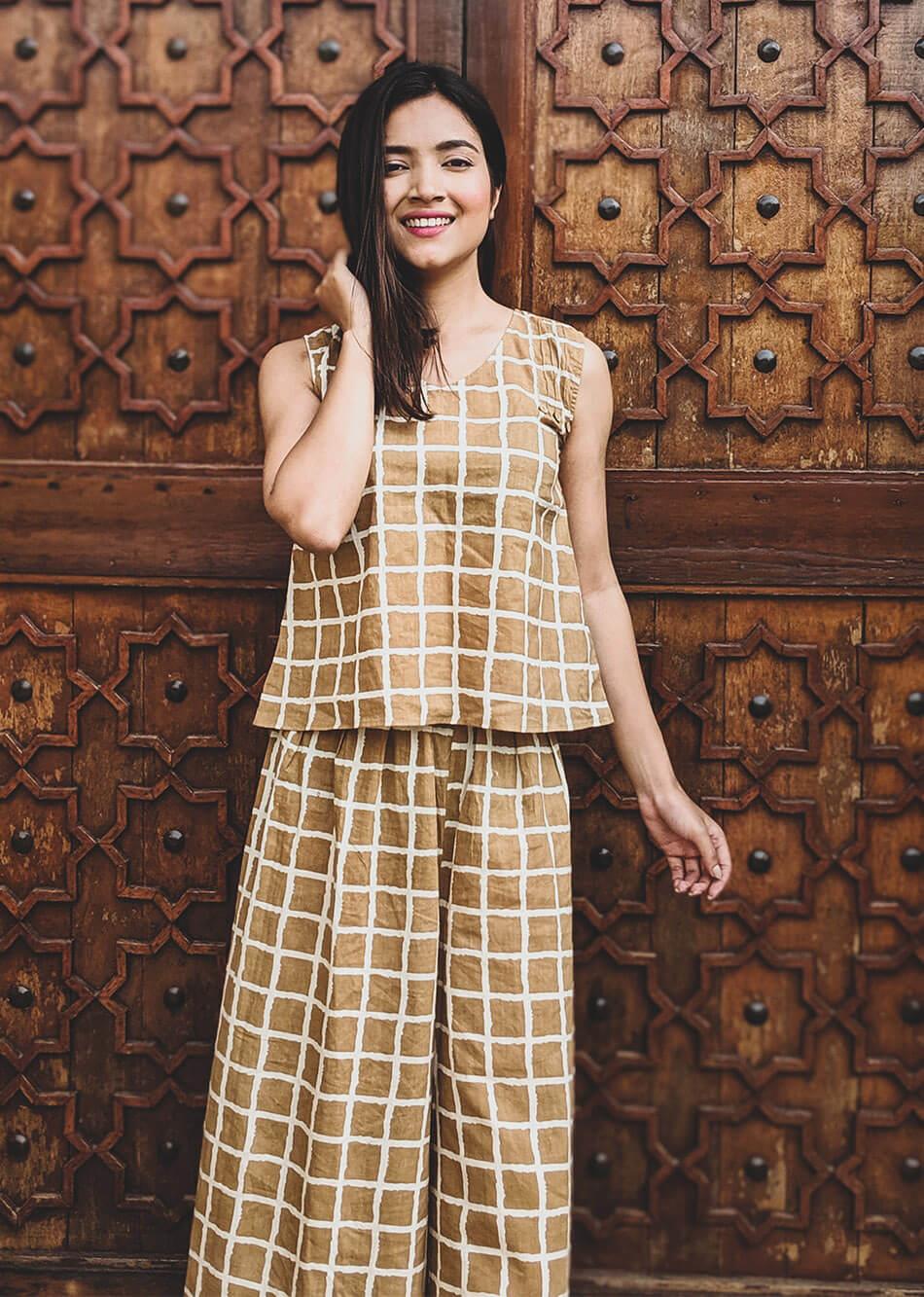 Brown Checks Sleeveless Co- Ord Set