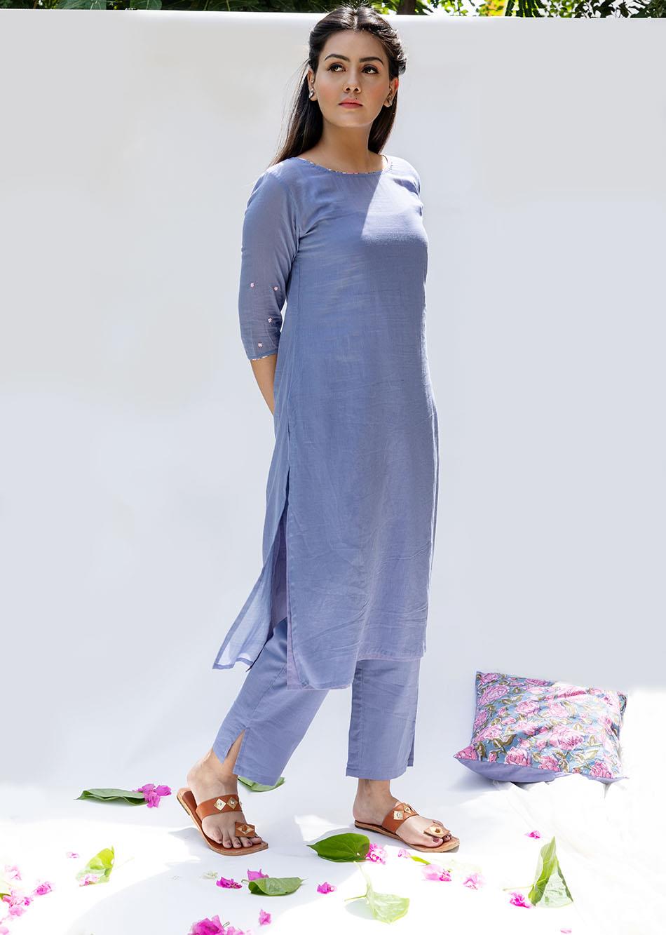 Buy Mulmul Beautiful Purple Straight Kurta Pant Sets for Women - JOVI India