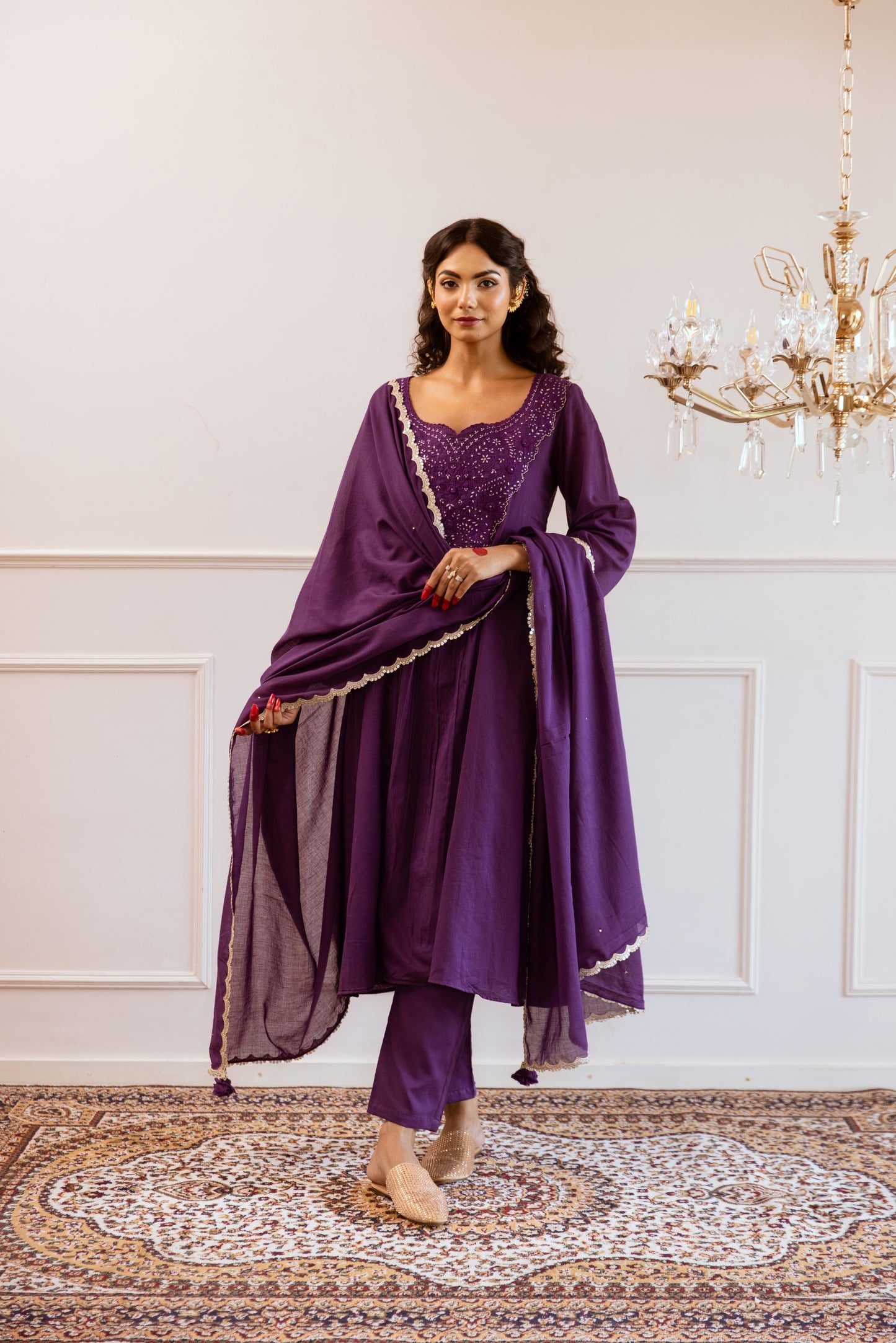 Buy Mulmul Purple Embroidere Yoke Anarkali Suit Sets for Women at JOVI India