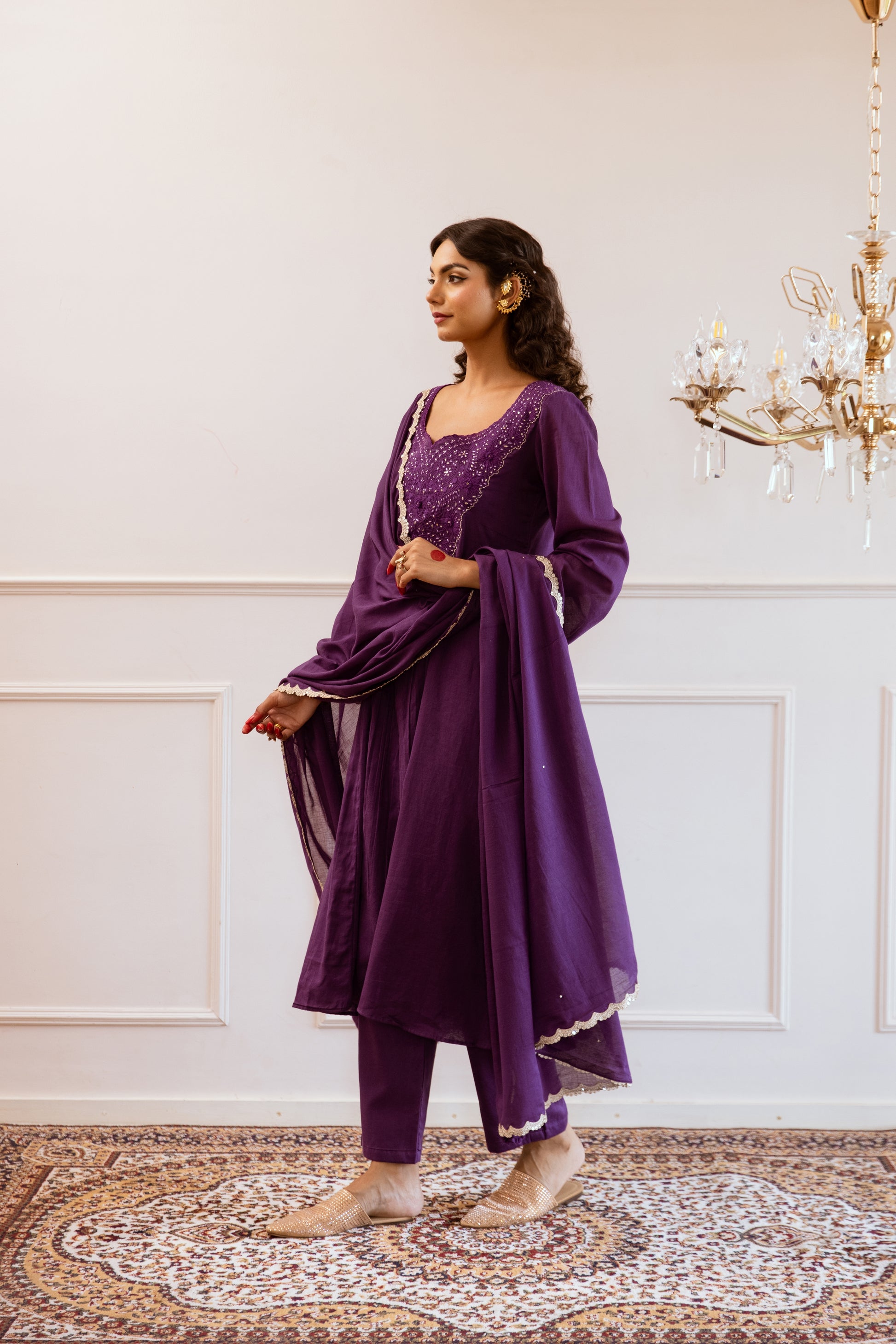 Buy Mulmul Purple Embroidere Yoke Anarkali Suit Sets for Women at JOVI India