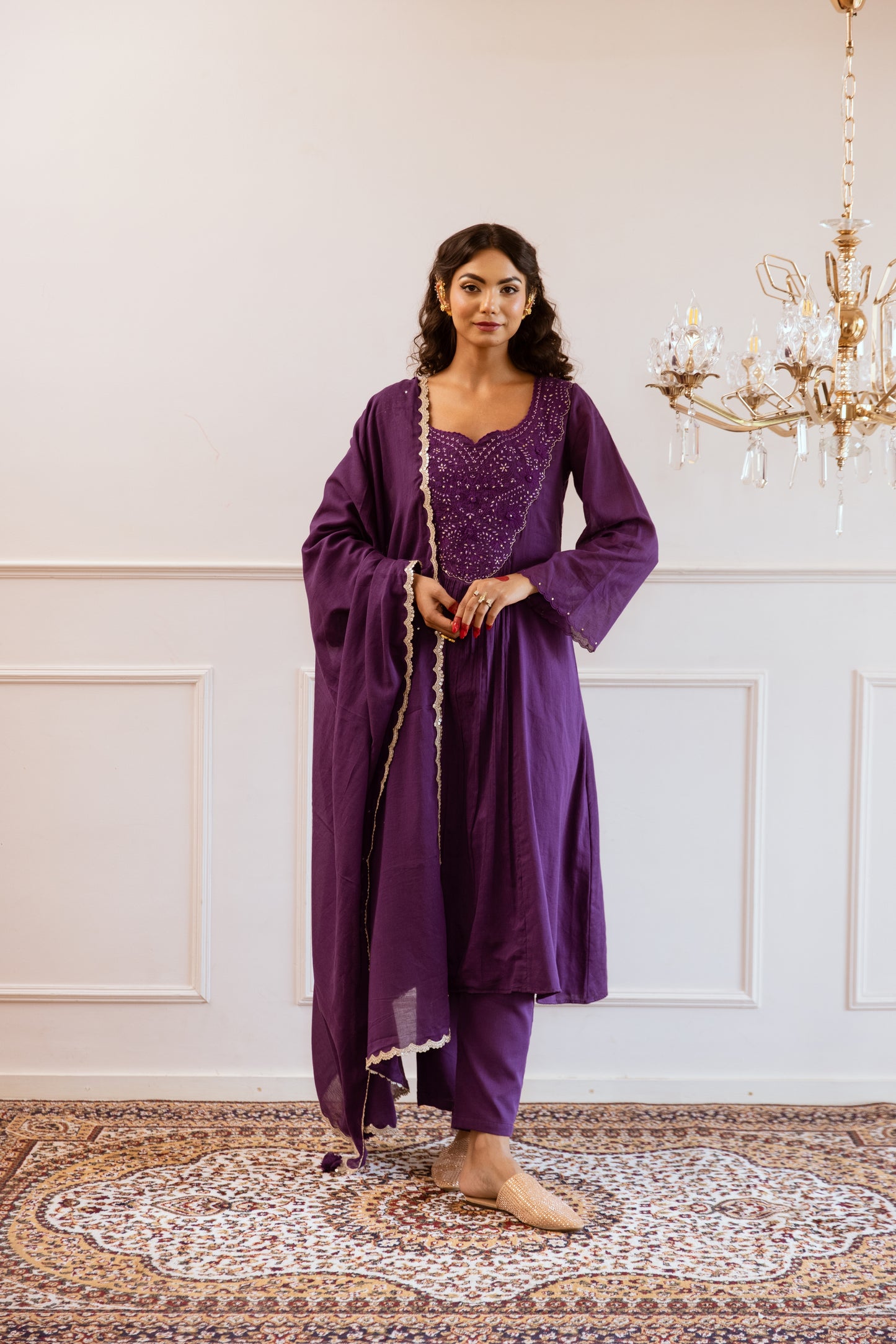 Buy Mulmul Purple Embroidere Yoke Anarkali Suit Sets for Women at JOVI India