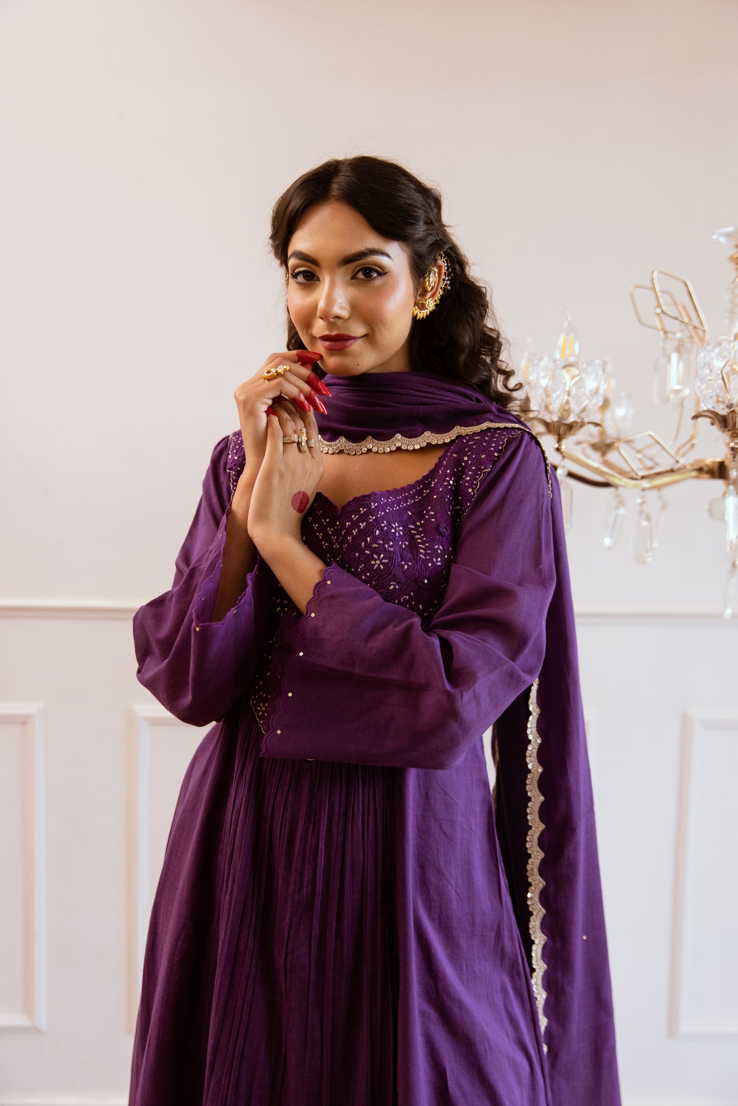 Buy Mulmul Purple Embroidere Yoke Anarkali Suit Sets for Women at JOVI India