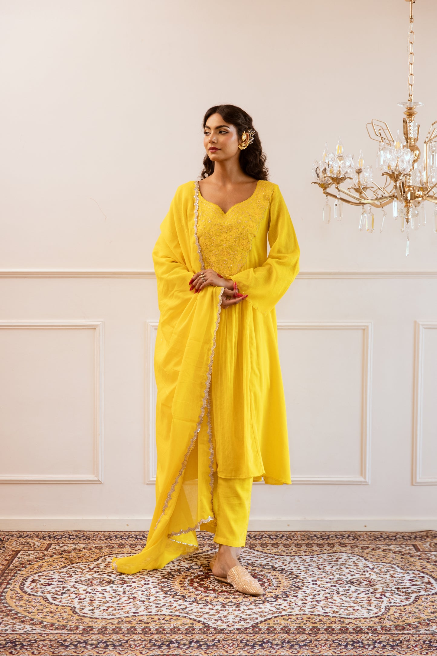 Yellow Embroidered Anarkali Suit Set