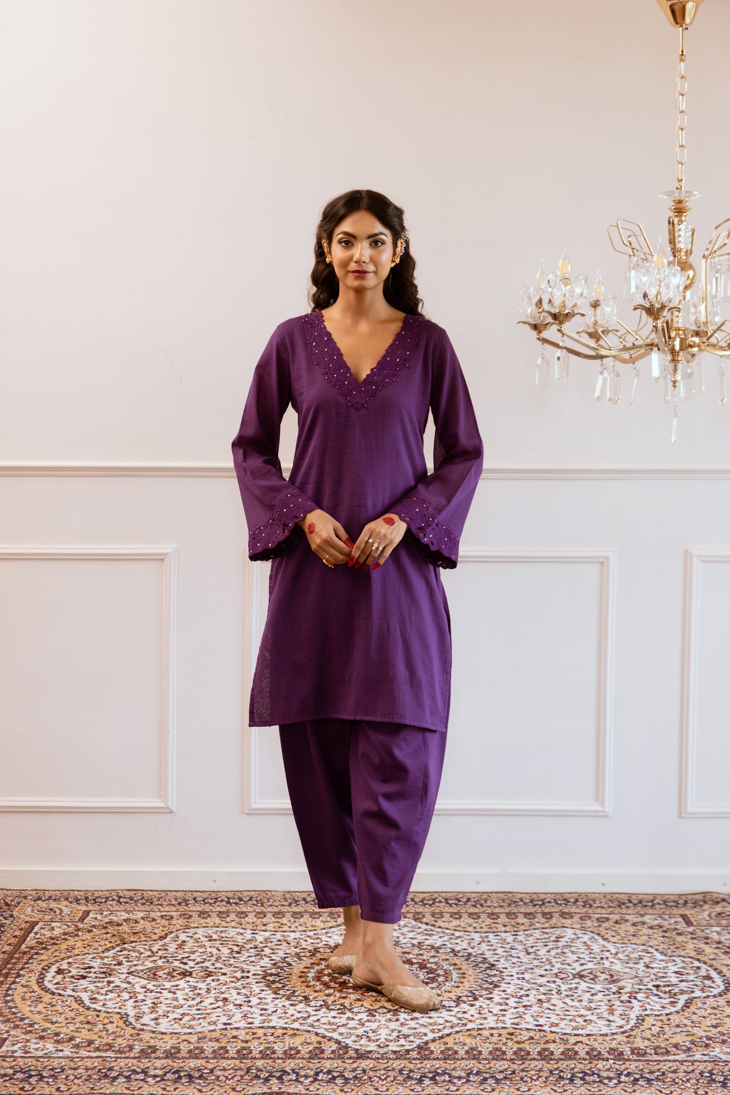 Purple Straight Embroidered Suit Set