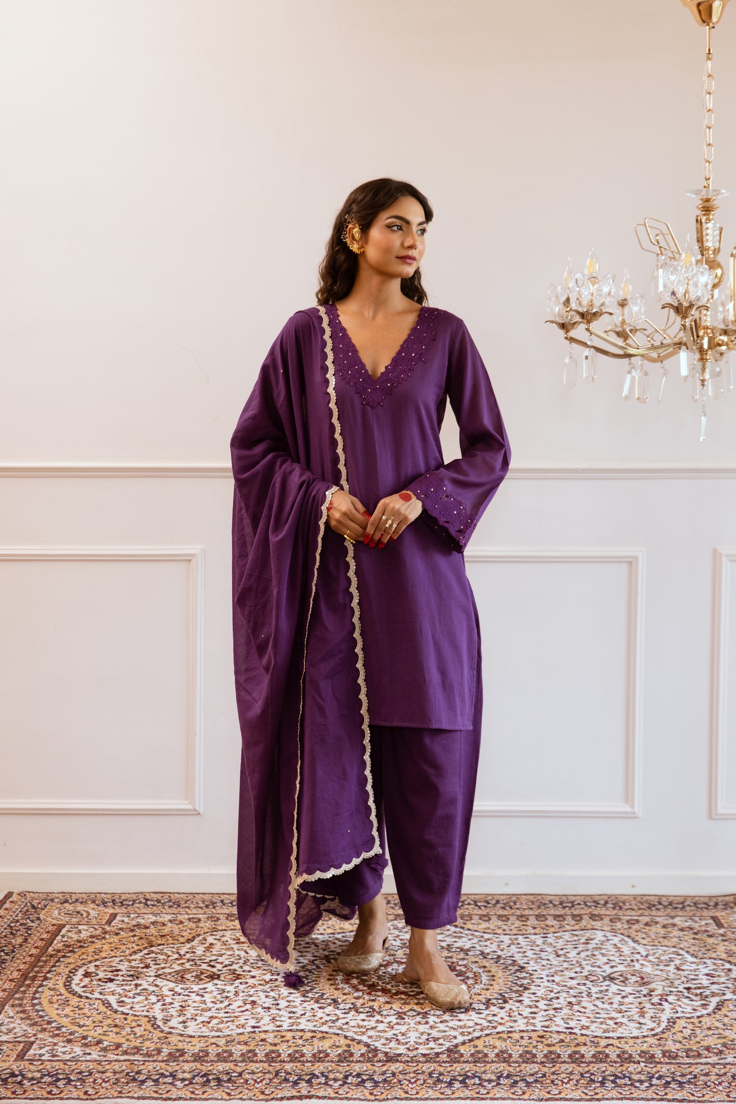 Purple Straight Embroidered Suit Set