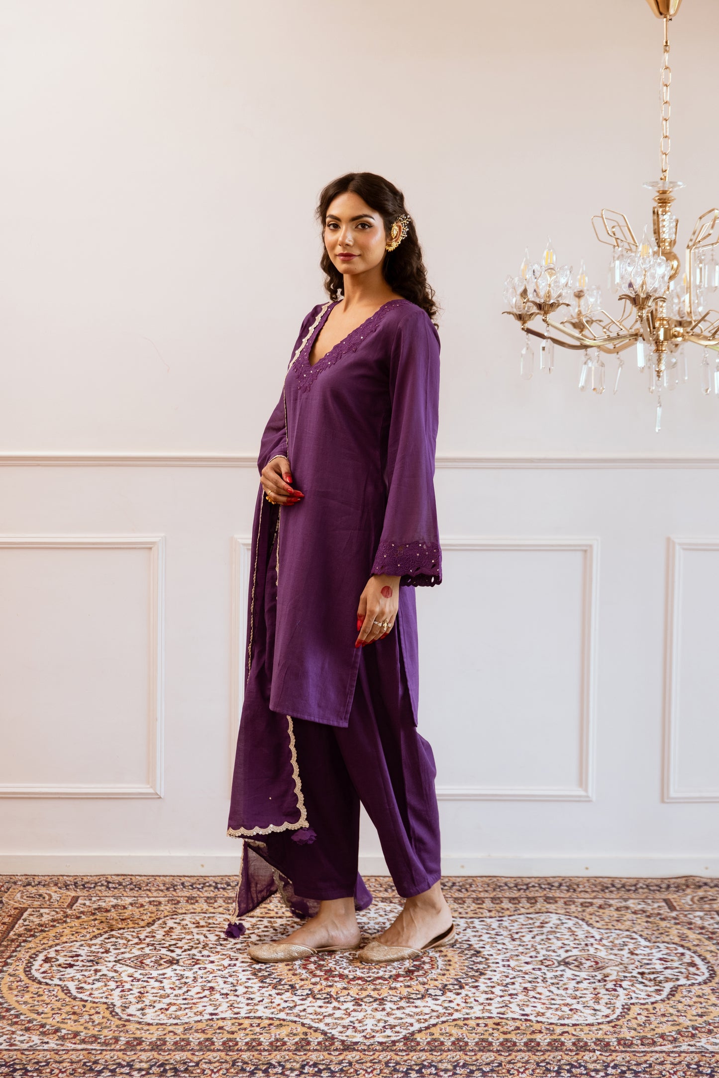 Purple Straight Embroidered Suit Set