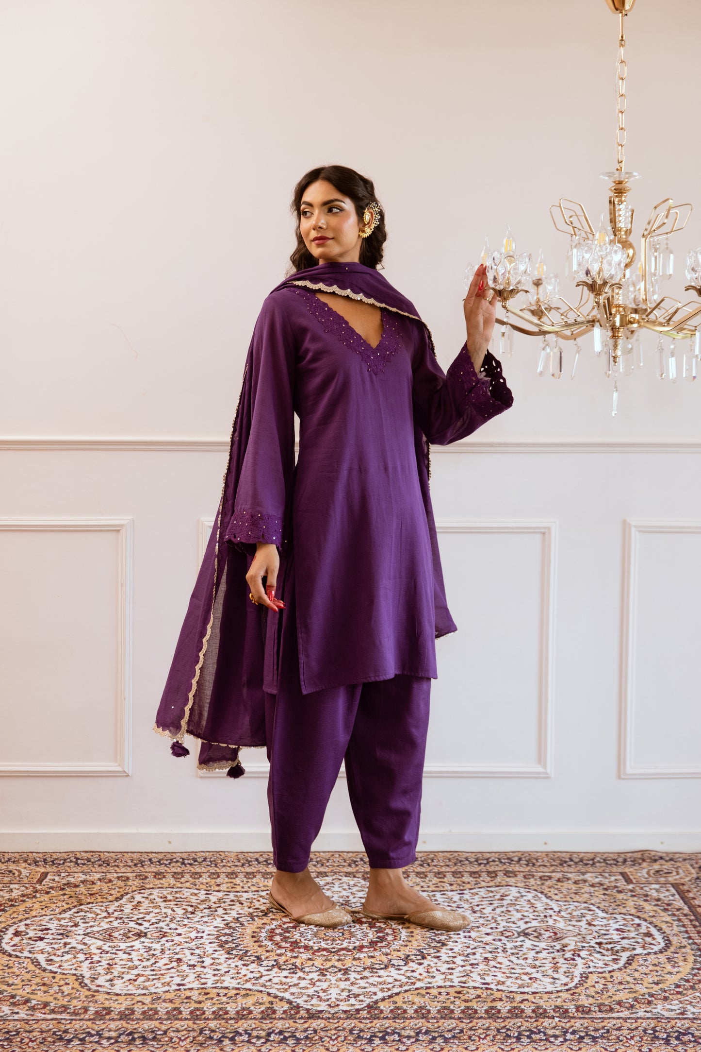 Purple Straight Embroidered Suit Set