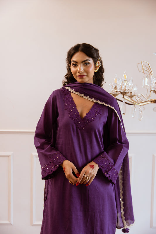 BUy Beautiful Mulmul Purple Straight Embroidered Suit Sets for Women at JOVI India