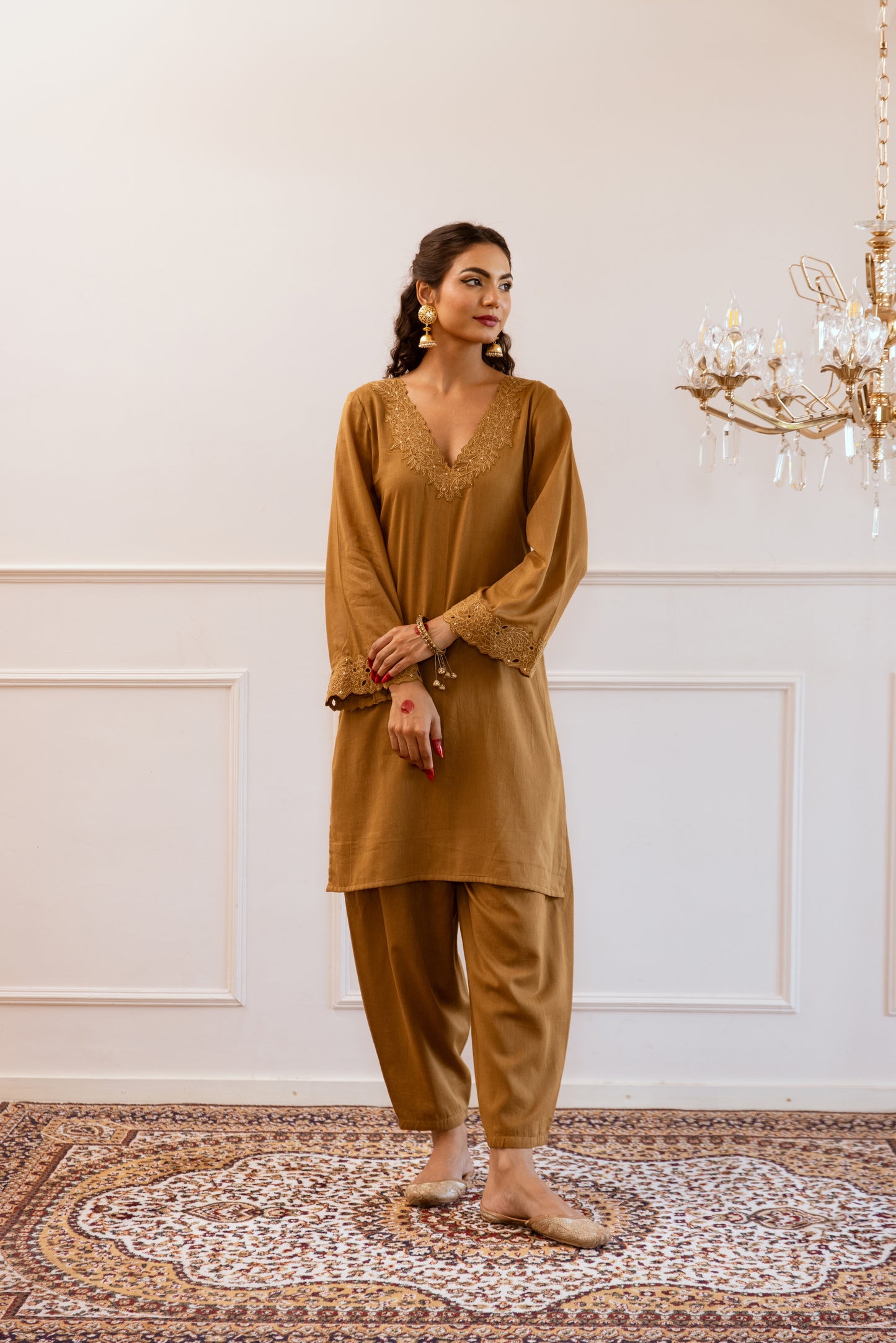 Shop Lovely Brown Kurta with Straight Fit Shalwar Suit Sets for Women at JOVI India