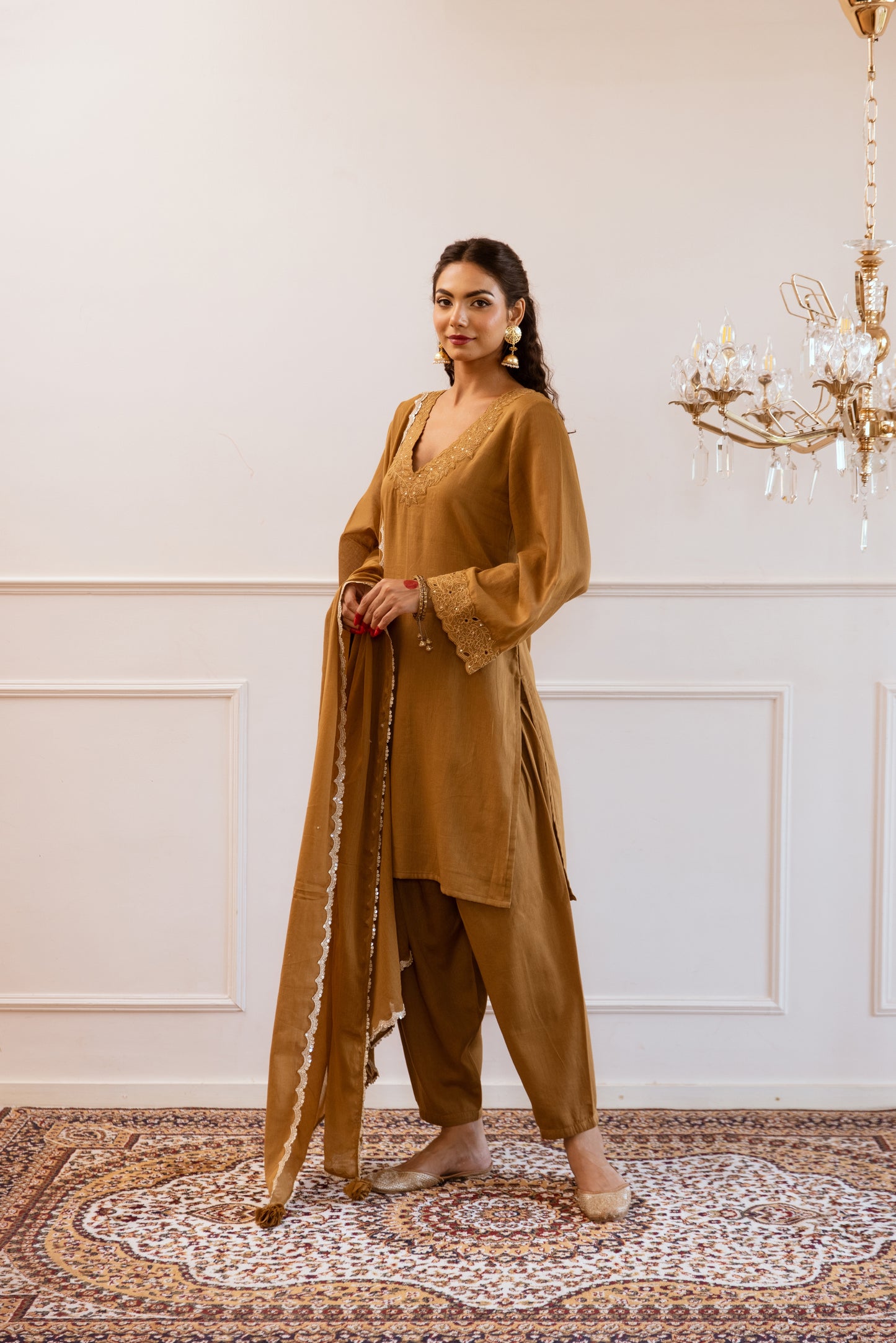 Shop Lovely Brown Kurta with Straight Fit Shalwar Suit Sets for Women at JOVI India