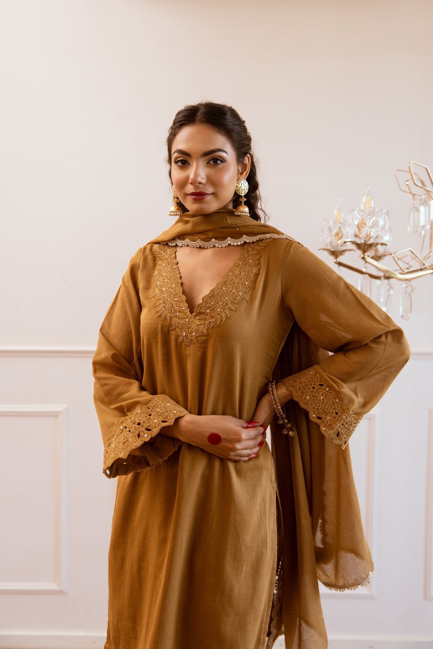 Shop Lovely Brown Kurta with Straight Fit Shalwar Suit Sets for Women at JOVI India