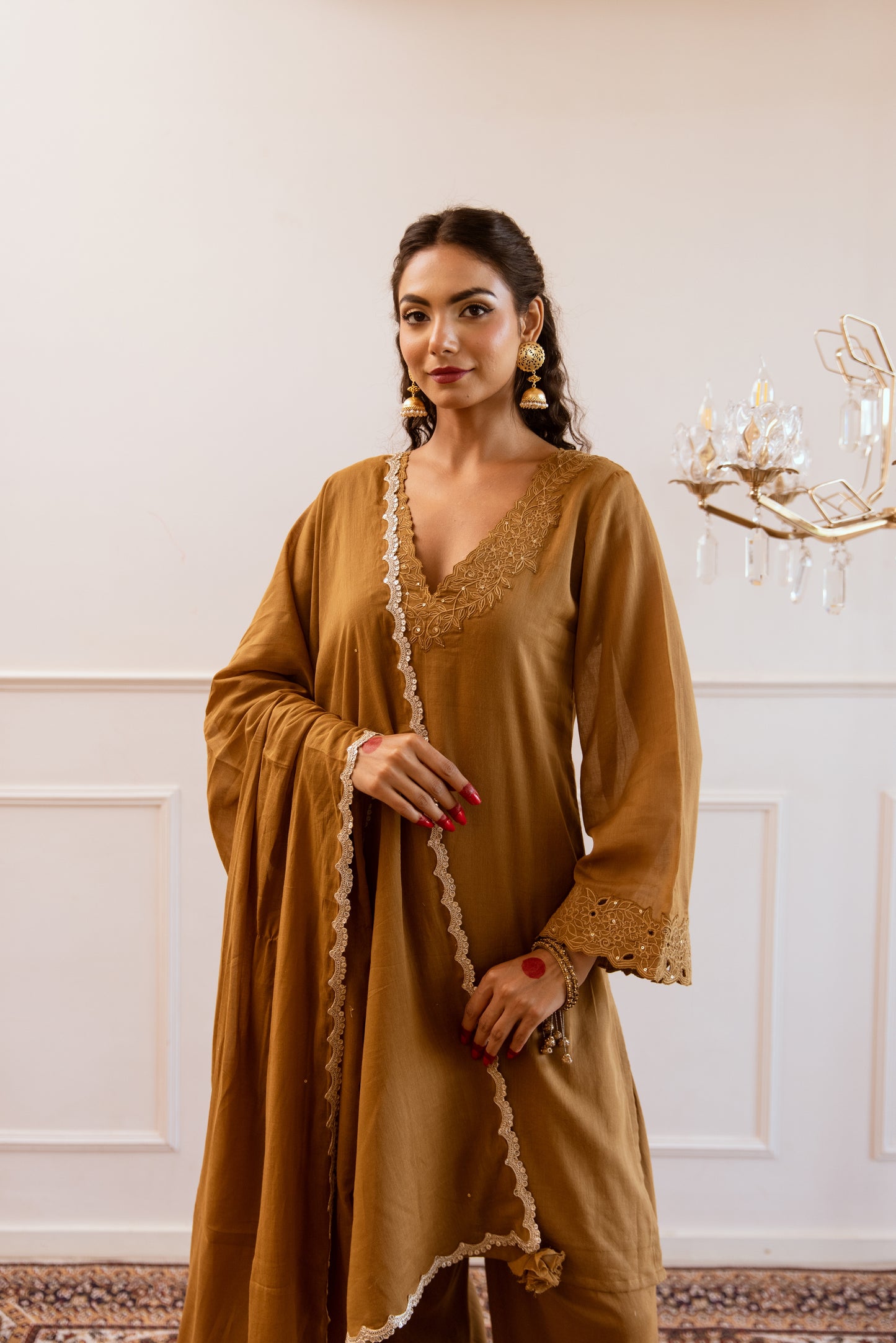 Shop Lovely Brown Kurta with Straight Fit Shalwar Suit Sets for Women at JOVI India