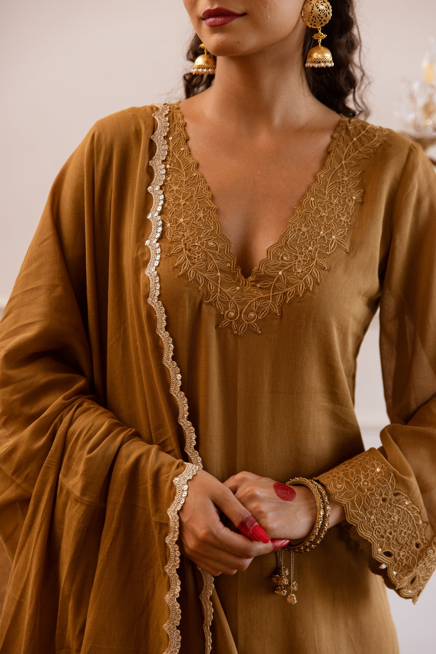 Shop Lovely Brown Kurta with Straight Fit Shalwar Suit Sets for Women at JOVI India