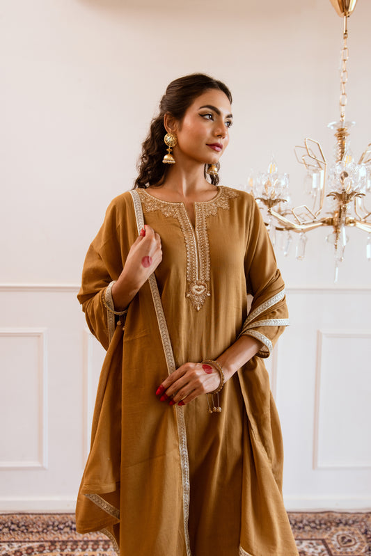 Beautiful Brown Mulmul Straight Fit Salwar Suit Sets for Women at JOVI India