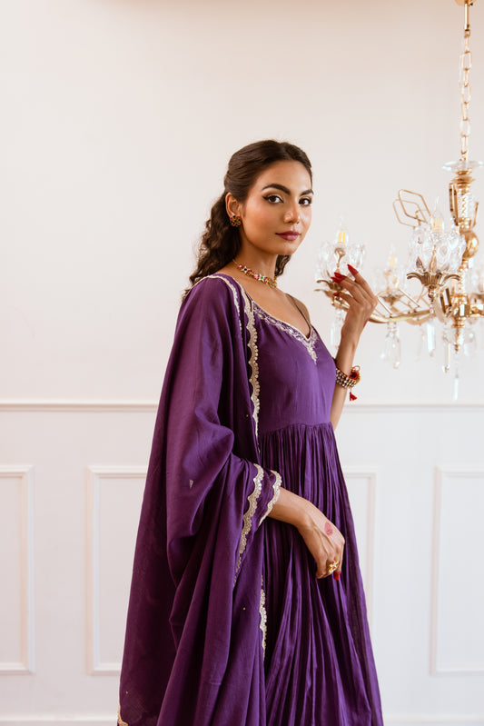 Gorgeous Mulmul Purple Strappy Anarkali Suit Sets for Women at JOVI India