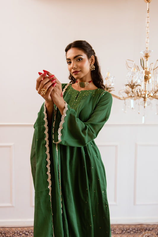 Stylish Mulmul Green Kali Anarkali Suit Sets for Women at JOVI India