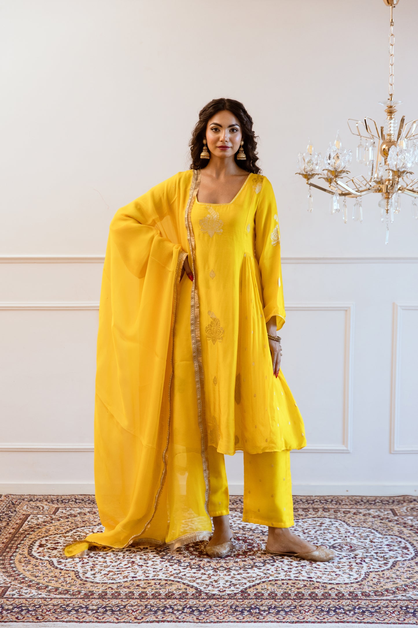 Yellow Side Gather Anarkali Set