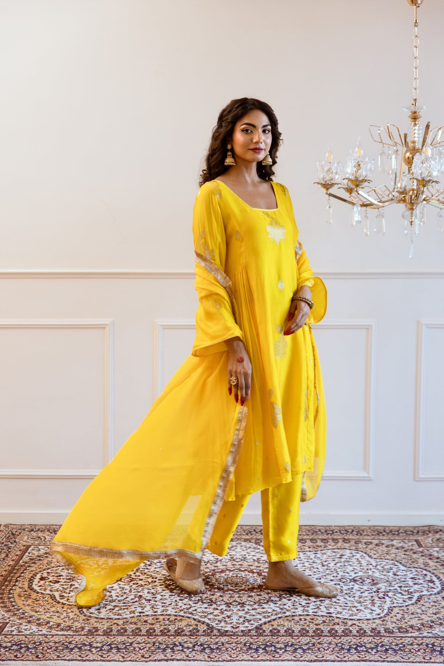 Yellow Side Gather Anarkali Set