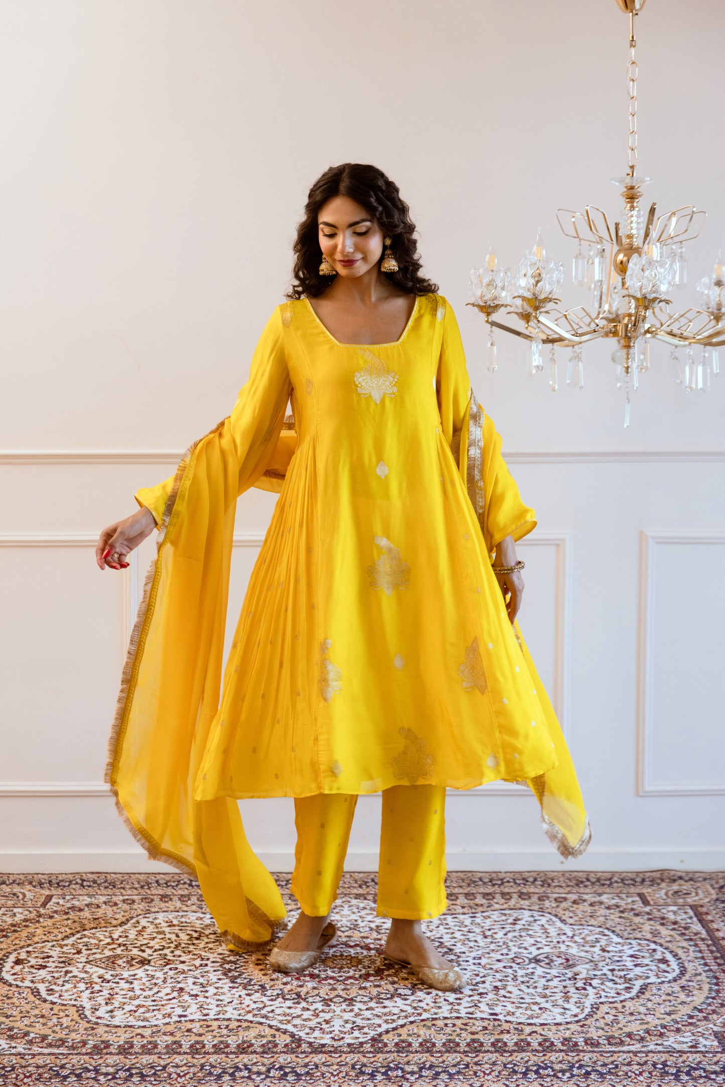 Yellow Side Gather Anarkali Set