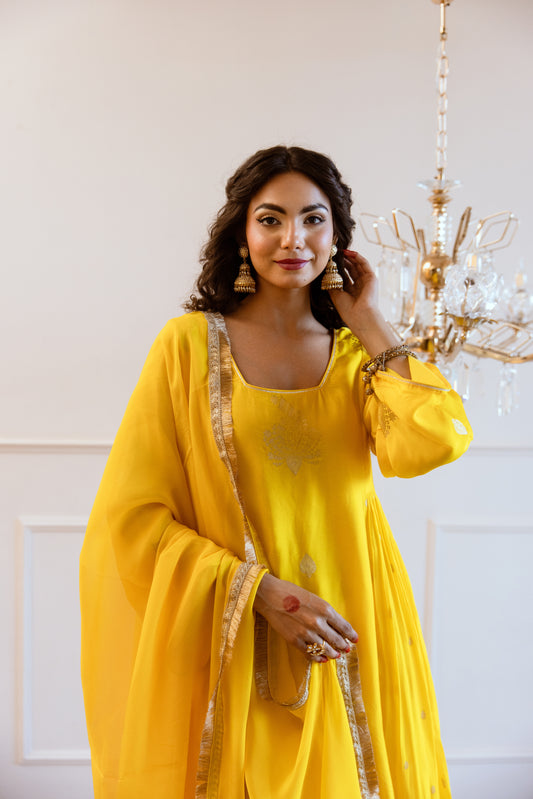 Buy Yellow Side Gather Anarkali Suit With Organza dupatta Sets for Women at JOVI India