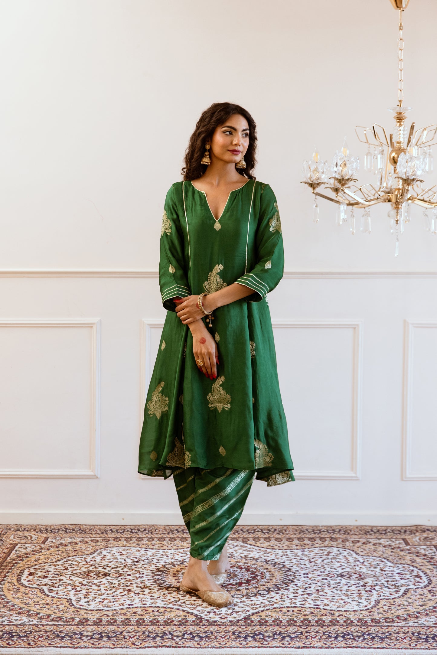 Green V- Neck Anarkali Set