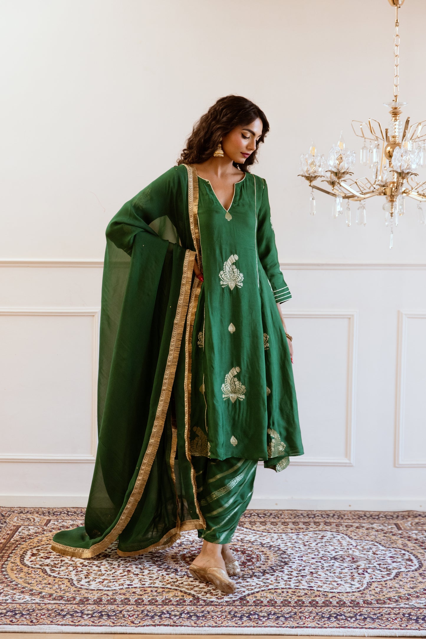 Green V- Neck Anarkali Set