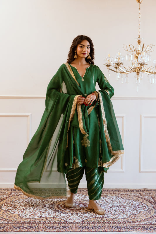 Green V- Neck Anarkali Set