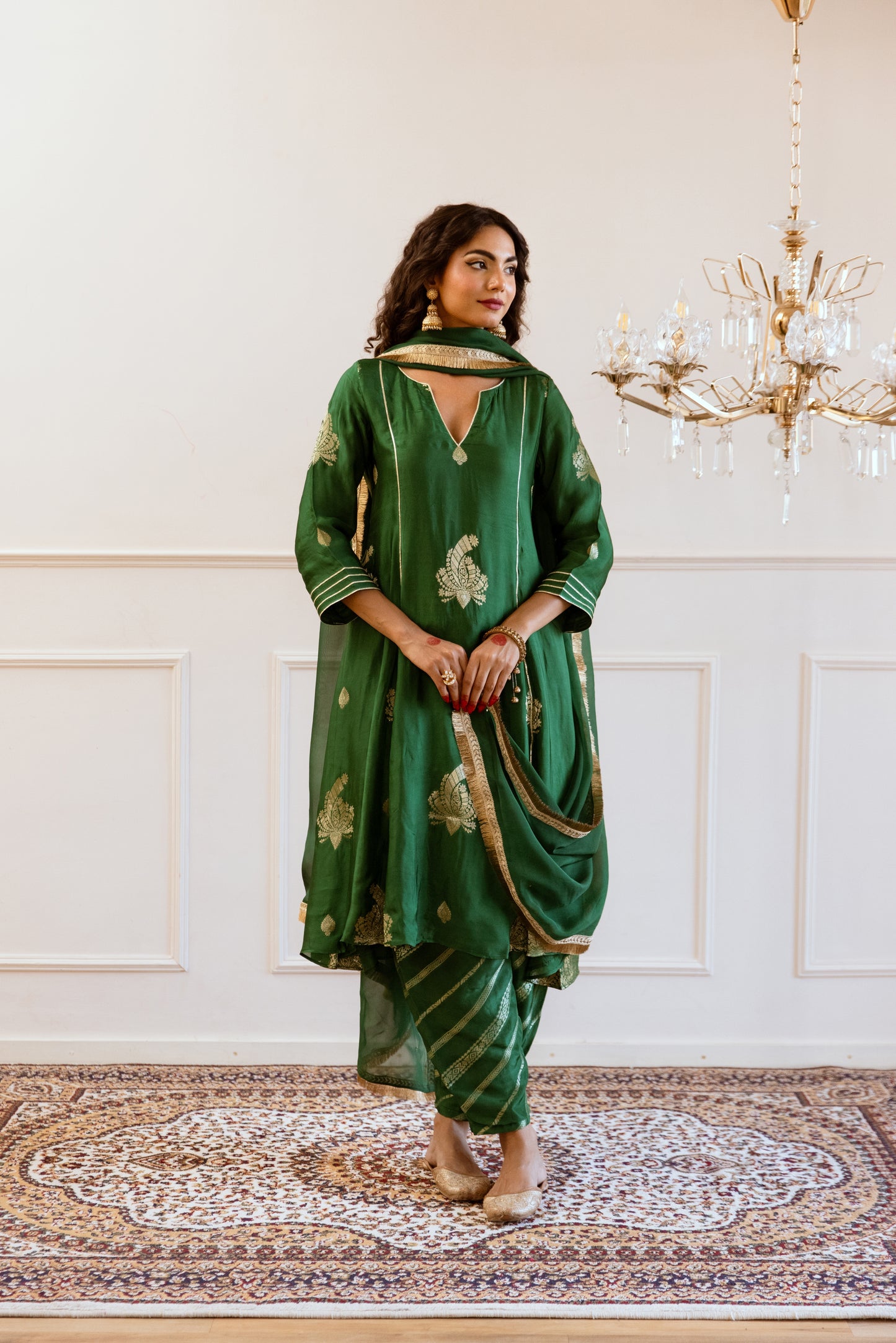 Green V- Neck Anarkali Set