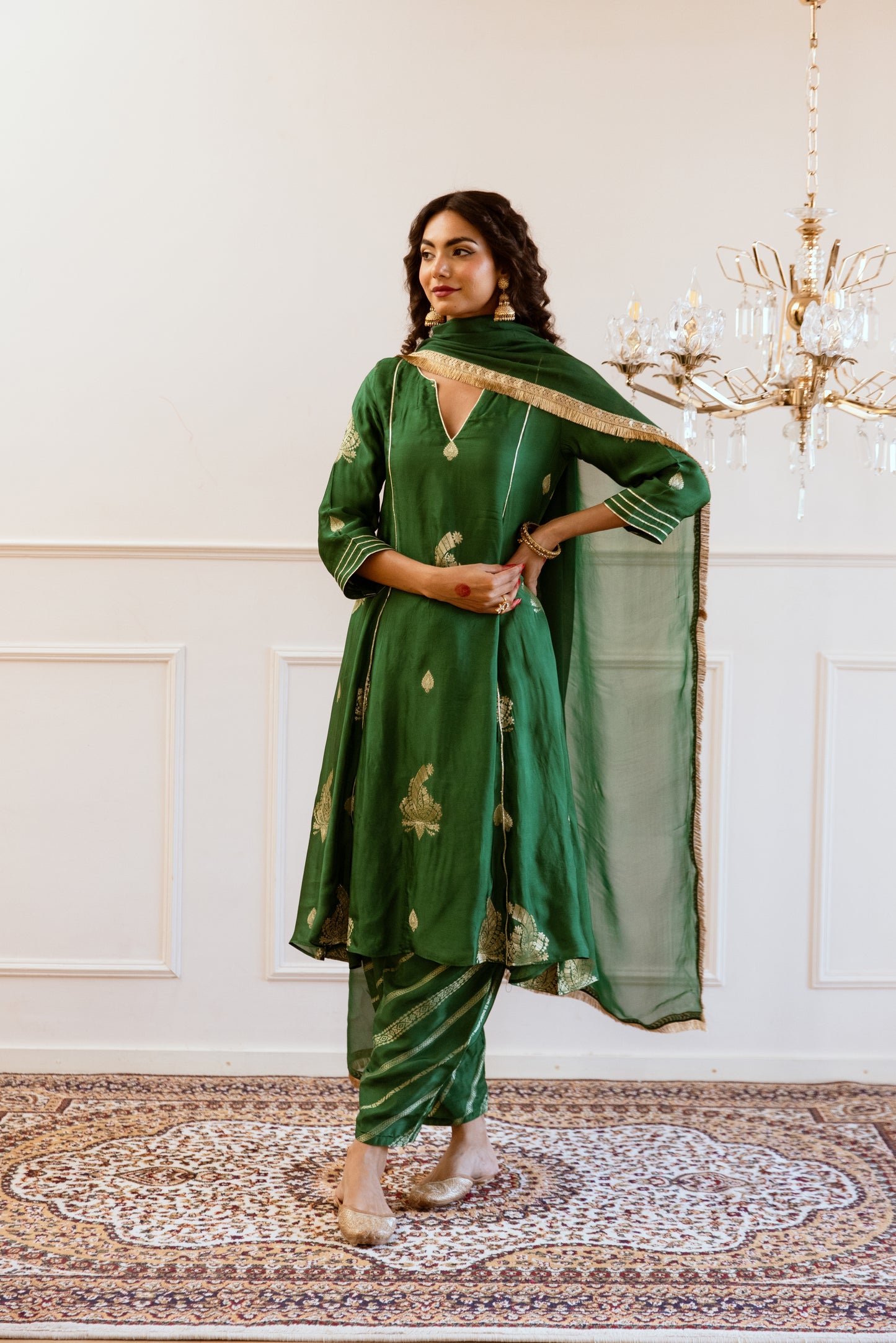 Green V- Neck Anarkali Set