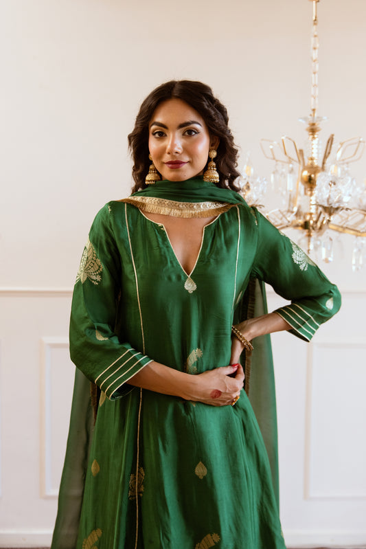 Shop Green V- Neck Anarkali Shalwar Suit and Organza Dupatta Sets for Women at JOVI India