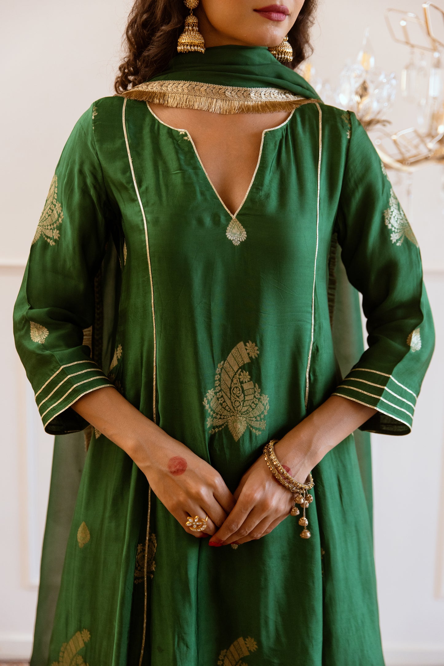 Green V- Neck Anarkali Set