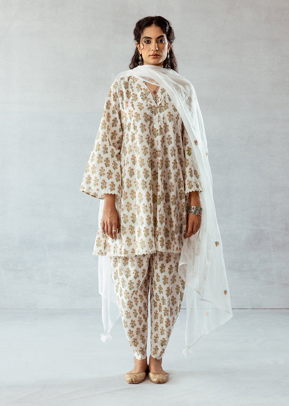 White Printed Short Kurta Pant Set