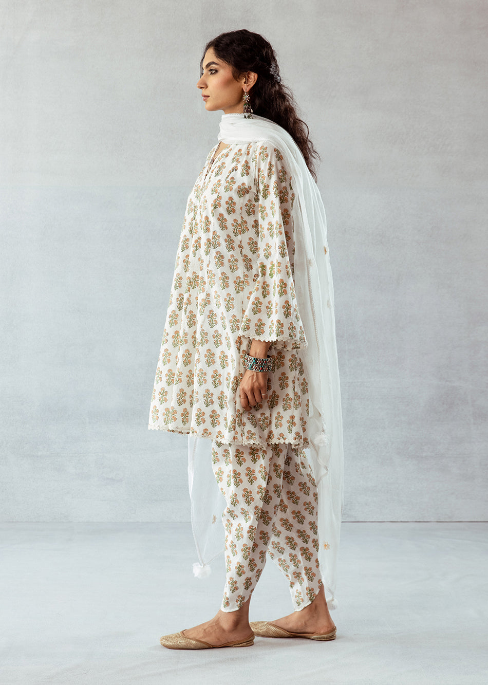 White Printed Short Kurta Pant Set