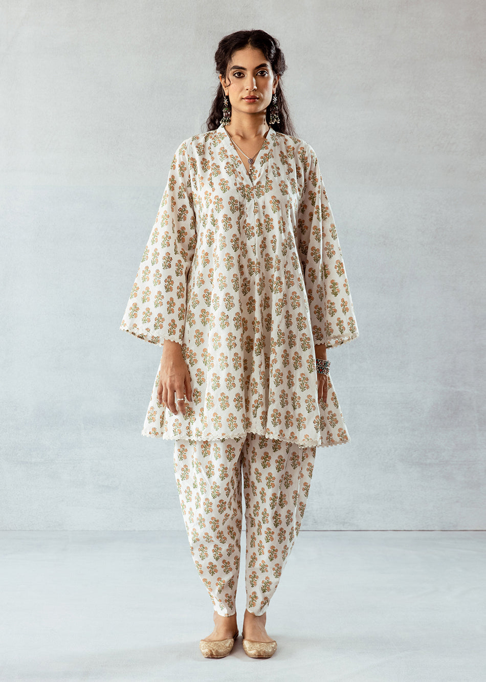 White Printed Short Kurta Pant Set