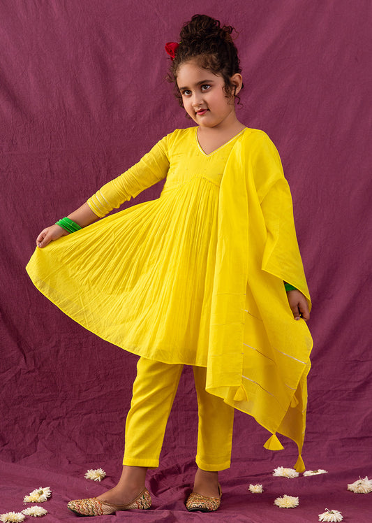 Neon Yellow Cross Gather Anarkali Suit Set