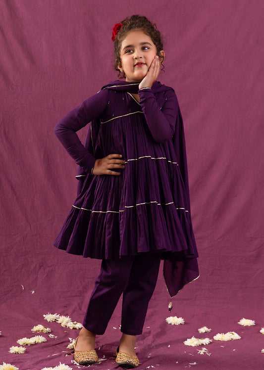 Buy Unique Mulmul Purple Multi Tier Suit Set for Kids and Baby Girls - JOVI India Kids Wear