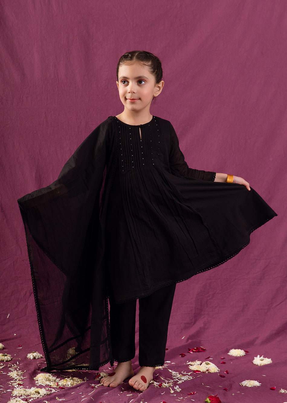 JOVI India Kids Wear - Elegant Black Pin Tucks Anarkali Suit Set of 3 for Kids and Baby Girls