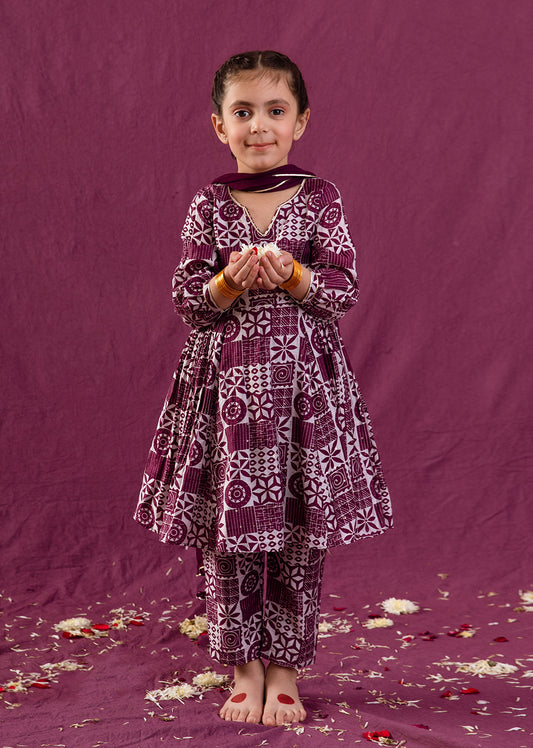 Unique Gathered Violet Printed Anarkali Suit for kids and Baby Girl - JOVI India Kids Wear