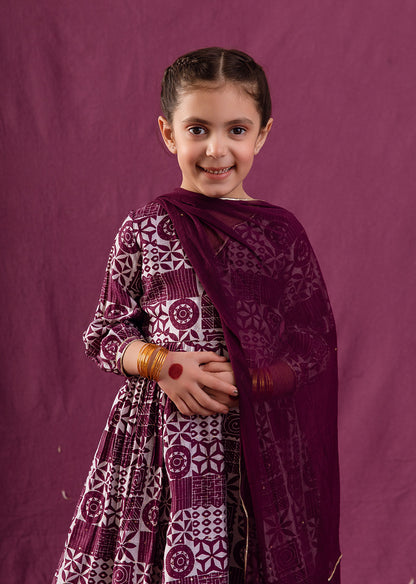 Violet Printed Anarkali Suit Set
