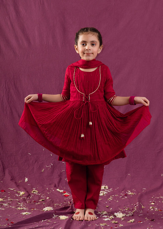 Trendy Jiyara Cherry Red Jacket Anarkali Suit Sets for Kids and Baby Girls - JOVI India Kids Wear