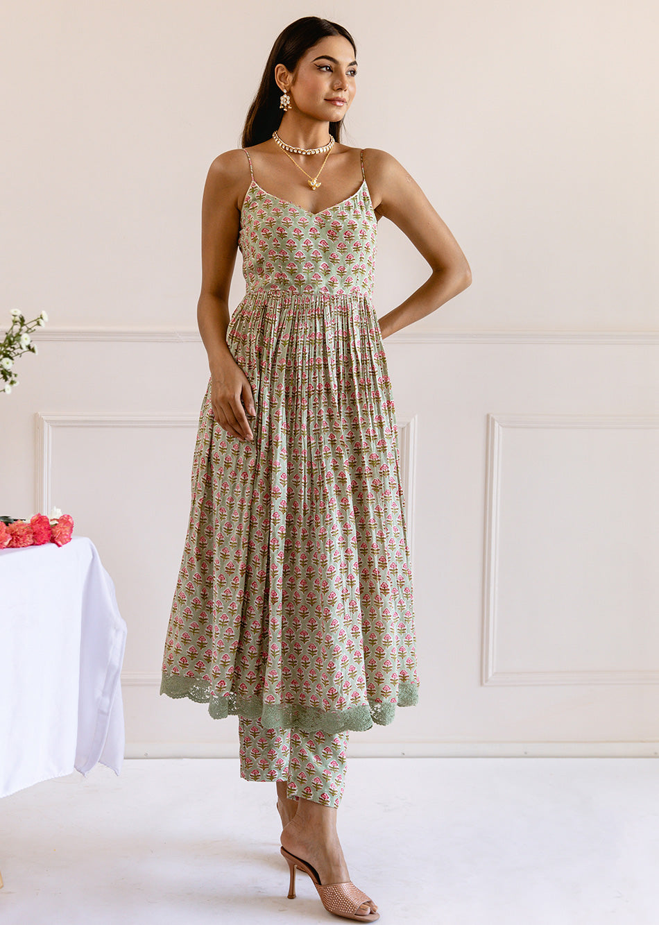 Green Printed Strappy Anarkali Suit Set